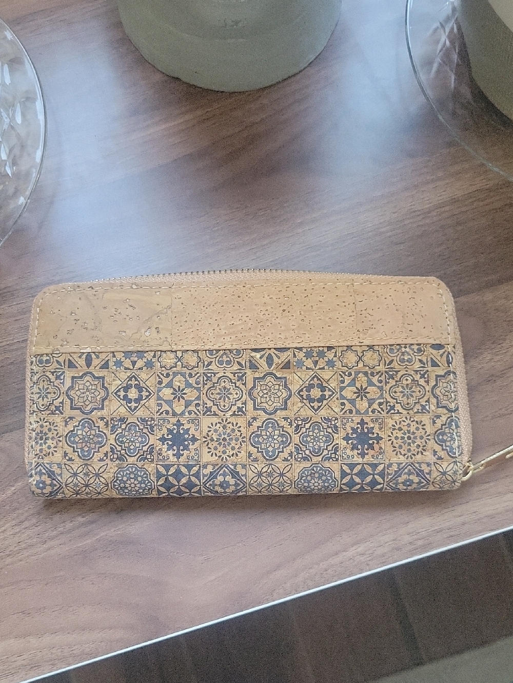Patchwork Patterned Zip-Around Cork Wallet in Tan and Blue